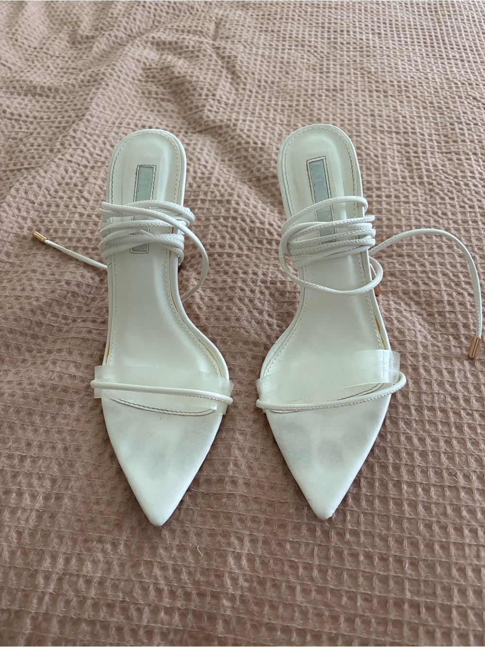 Women's White Pointed Toe Lace-Up Heeled Sandals
